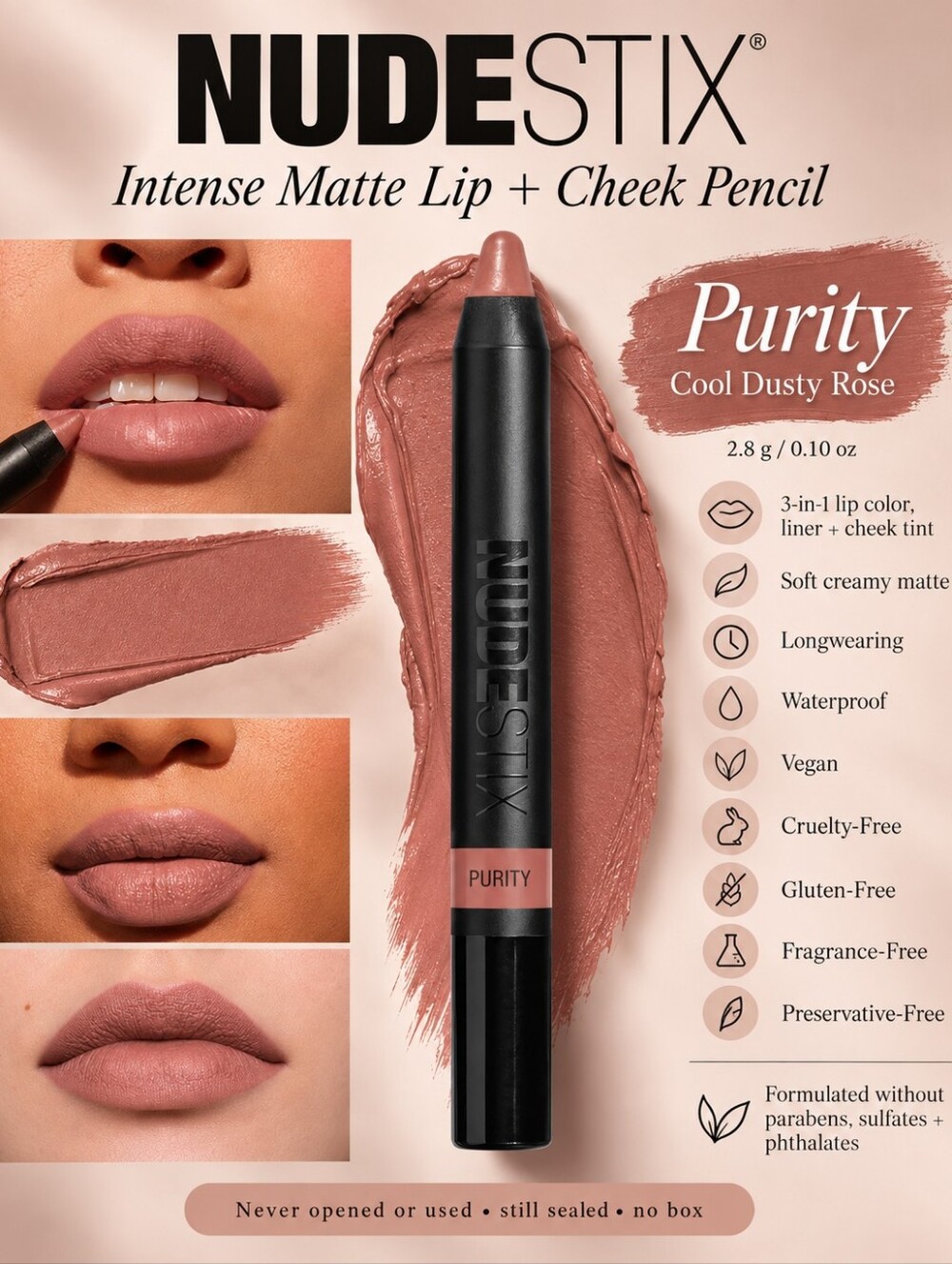 NUDESTIX Purity Intense Matte Lip + Cheek Pencil — Cool Dusty Rose